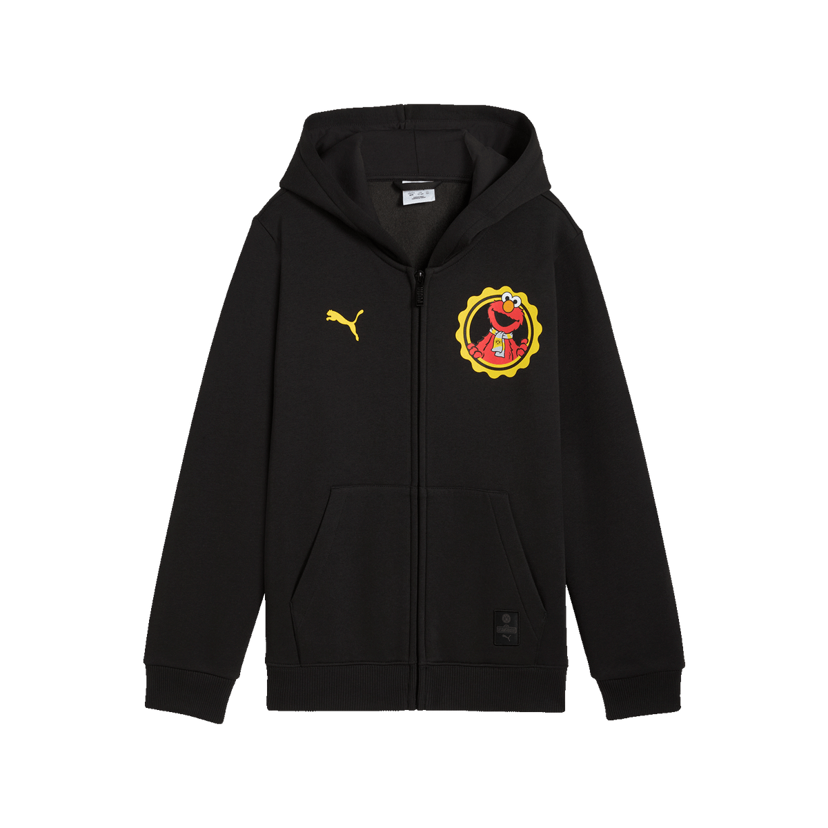 Chaqueta de chándal negra para niño con capucha, diseño del BVB, motivo de Elmo de Barrio Sésamo y logotipo amarillo de PUMA en la parte delantera