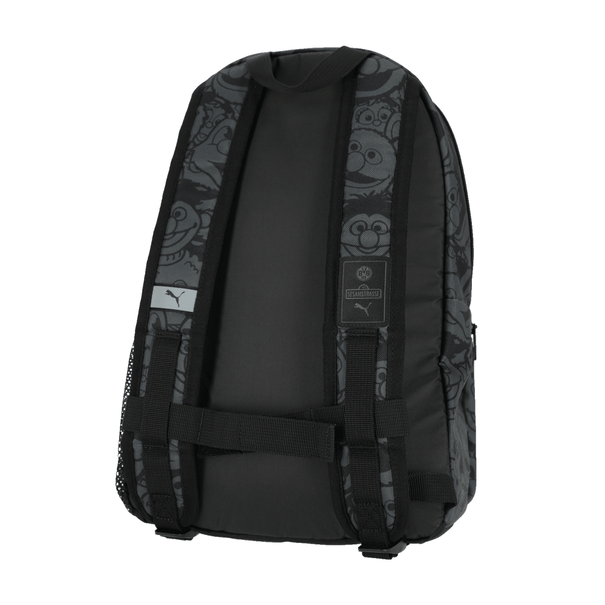 Black BVB backpack with a Sesame Street design, BVB logo, and shoulder straps. Perfect for kids and Borussia Dortmund fans.