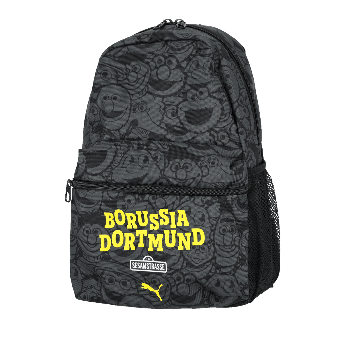 Black-and-yellow BVB Sesame Street backpack featuring the iconic Sesame Street pattern, the Borussia Dortmund logo, and PUMA branding—perfect for fans and kids.
