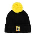 Schwarze BVB-Sesamstraße-Mütze mit gelber Bommel und buntem Sesamstraße-Logo auf der Vorderseite, ideal für Fans und kalte Tage.