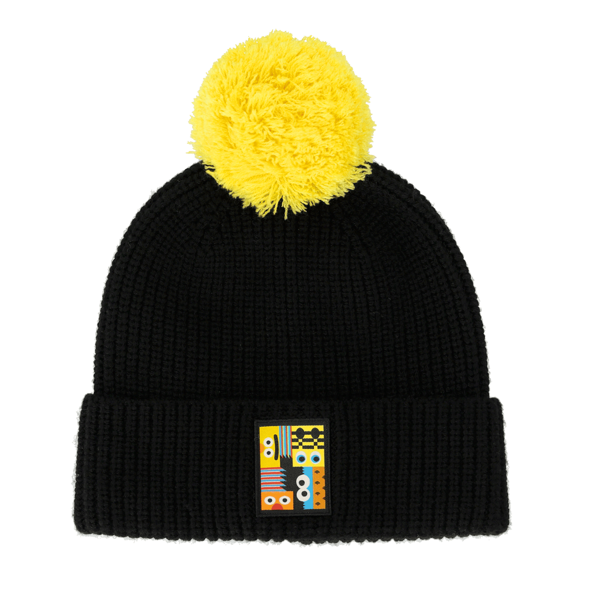Black BVB Sesame Street beanie with a yellow pom-pom and a colorful Sesame Street logo on the front—perfect for fans and cold days.