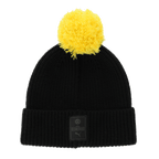 Schwarze BVB Sesamstraße Beanie mit gelbem Pompon und BVB-Logo vorn, ideal für Fans von Borussia Dortmund und warme Wintertage.