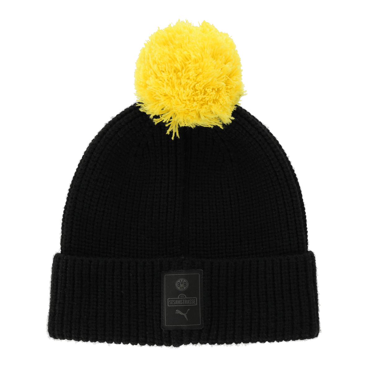 Schwarze BVB Sesamstraße Beanie mit gelbem Pompon und BVB-Logo vorn, ideal für Fans von Borussia Dortmund und warme Wintertage.