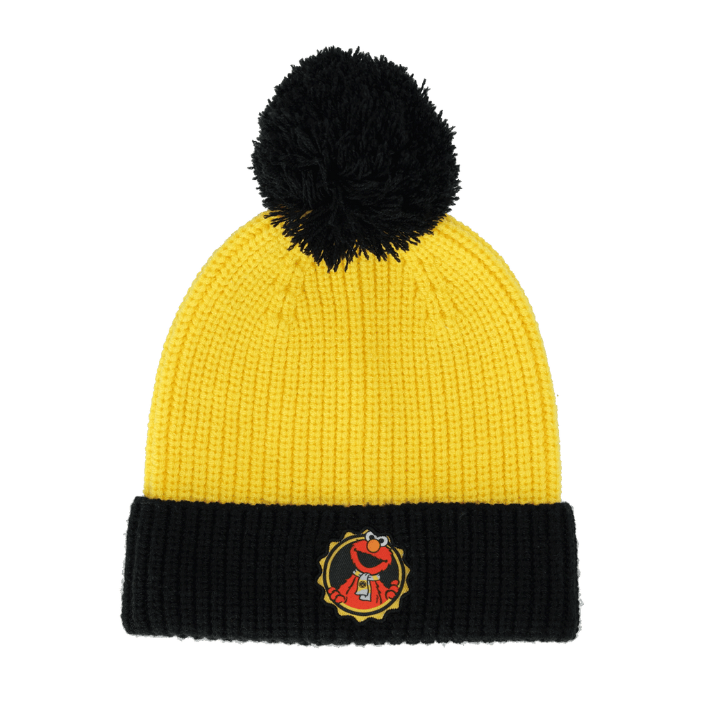 Black-and-yellow BVB kids' beanie with the Elmo logo and a black pom-pom, perfect for young fans of Borussia Dortmund and Sesame Street.