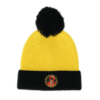 Black-and-yellow BVB kids' beanie with the Elmo logo and a black pom-pom, perfect for young fans of Borussia Dortmund and Sesame Street.