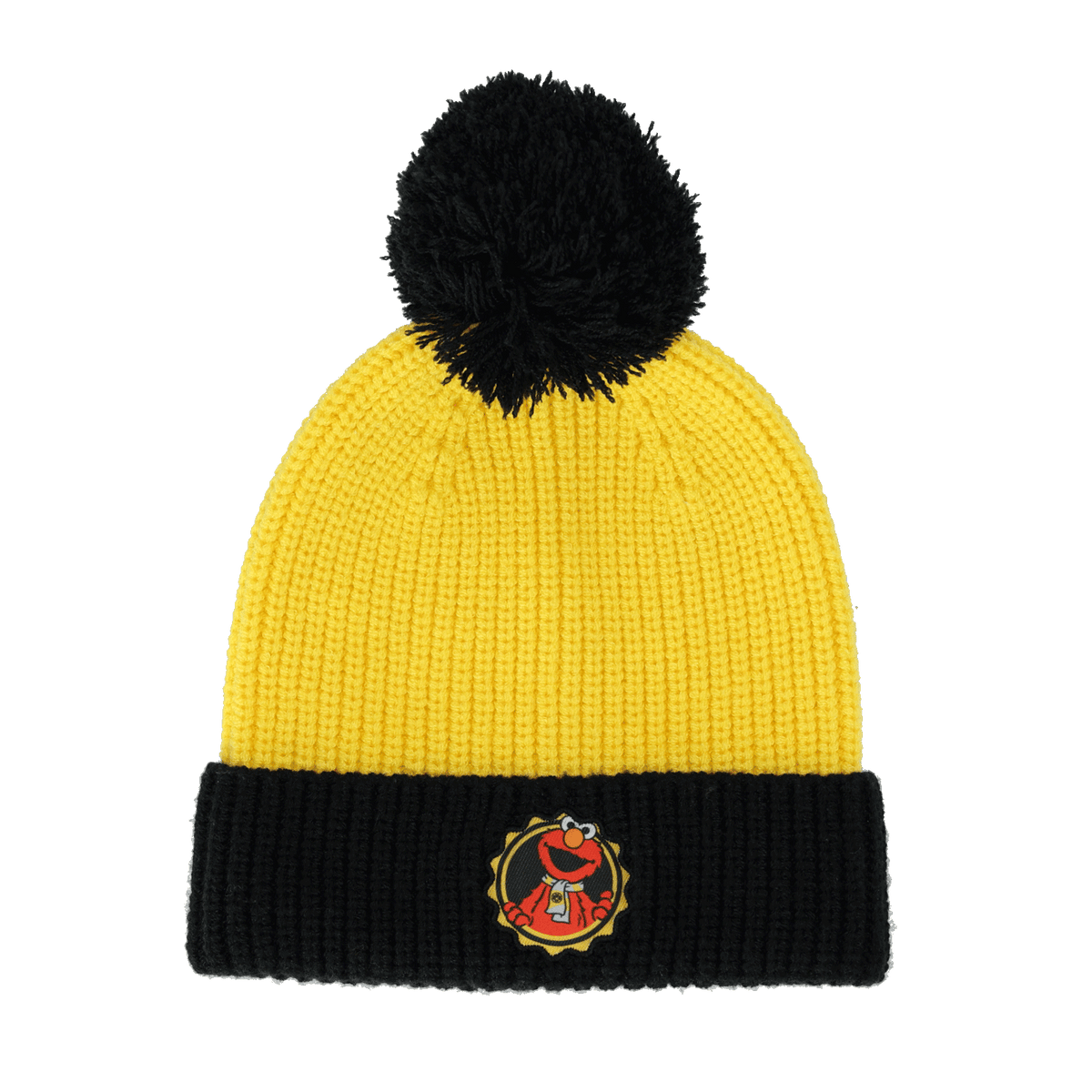 Black-and-yellow BVB kids' beanie with the Elmo logo and a black pom-pom, perfect for young fans of Borussia Dortmund and Sesame Street.