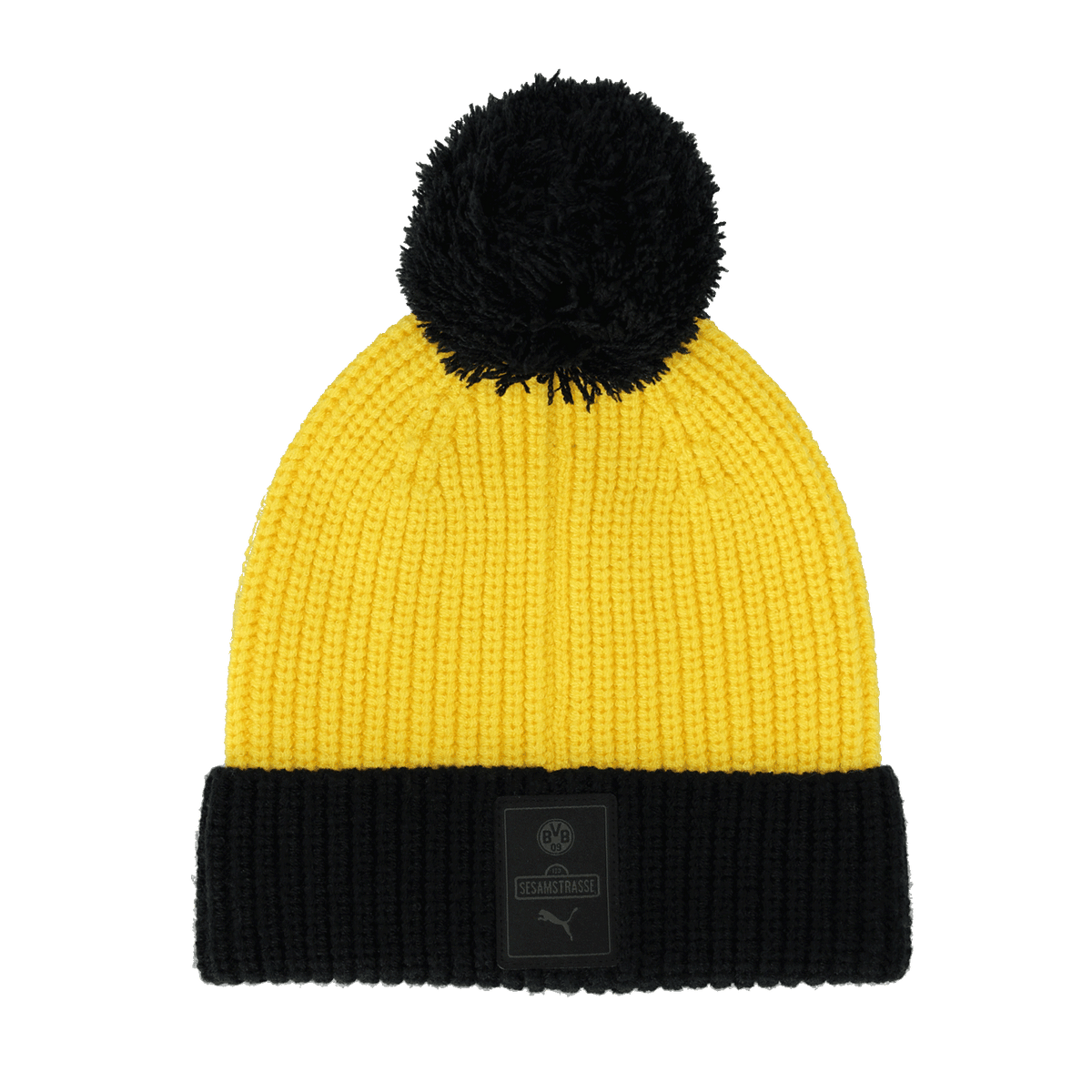 Schwarzgelbe BVB Sesamstraße Beanie für Kinder mit schwarzem umgeschlagenem Rand, schwarzem Bommel und BVB-Logo in der Frontansicht. Hergestellt von PUMA.