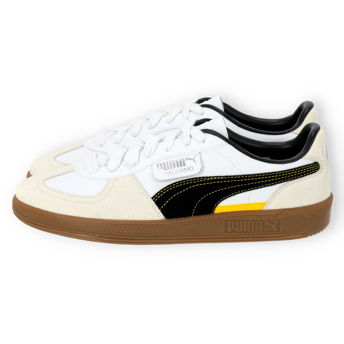 BVB Puma Palermo sneakers in white with black-and-yellow accents and a brown sole that reflect the Borussia Dortmund design.