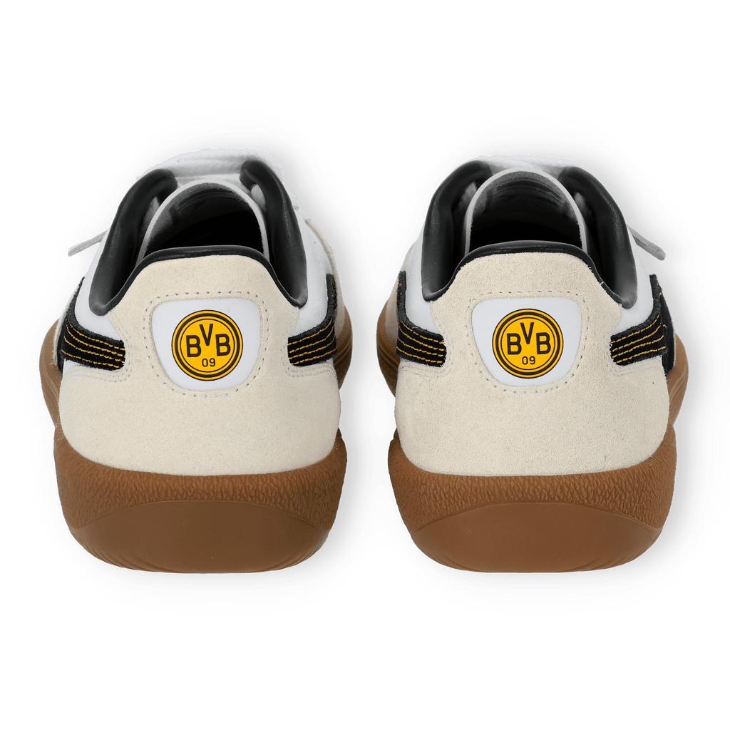 Rear view of the BVB Puma Palermo sneakers in white with a black-and-yellow BVB logo and a brown sole—perfect for BVB fans.