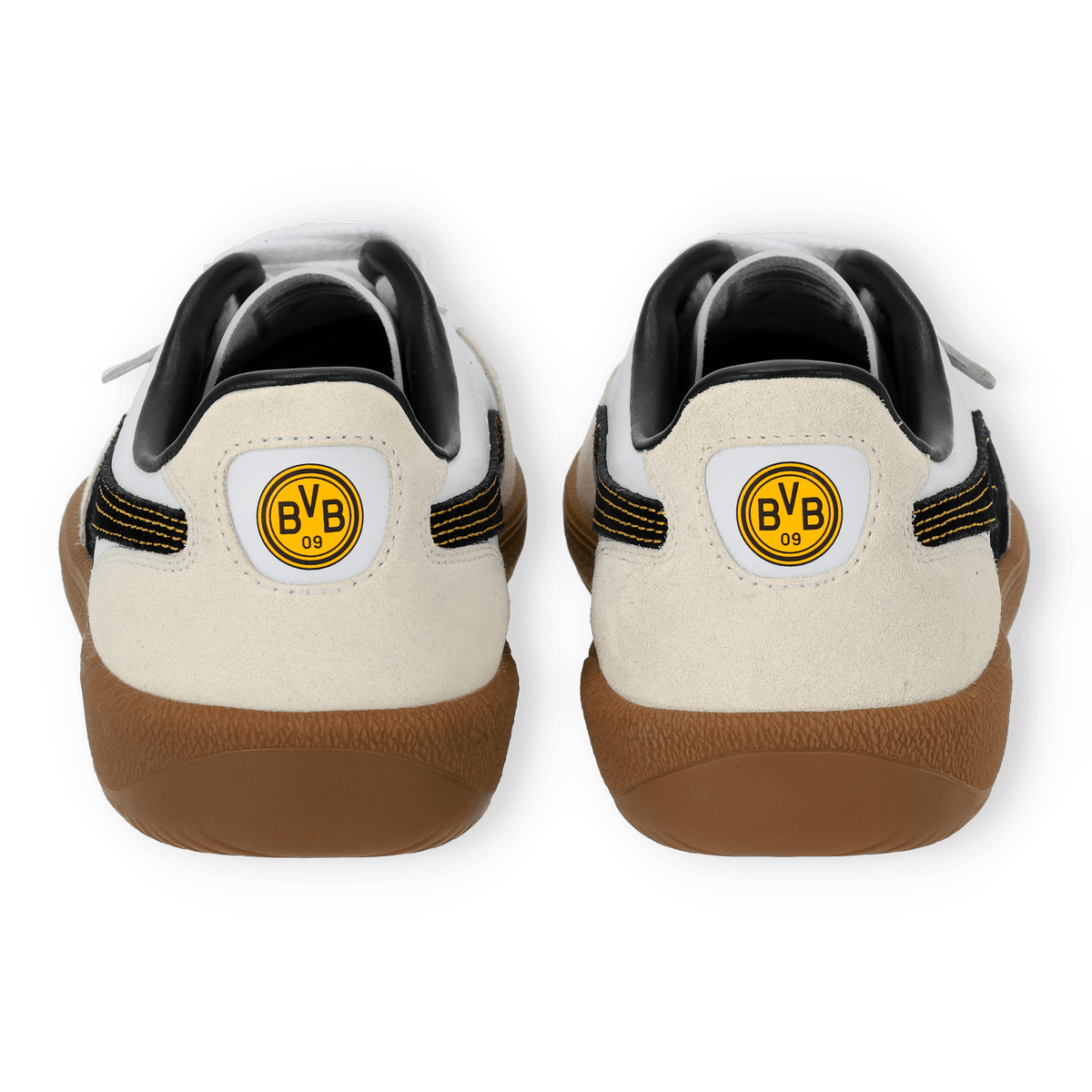 Rear view of the BVB Puma Palermo sneakers in white with a black-and-yellow BVB logo and a brown sole—perfect for BVB fans.