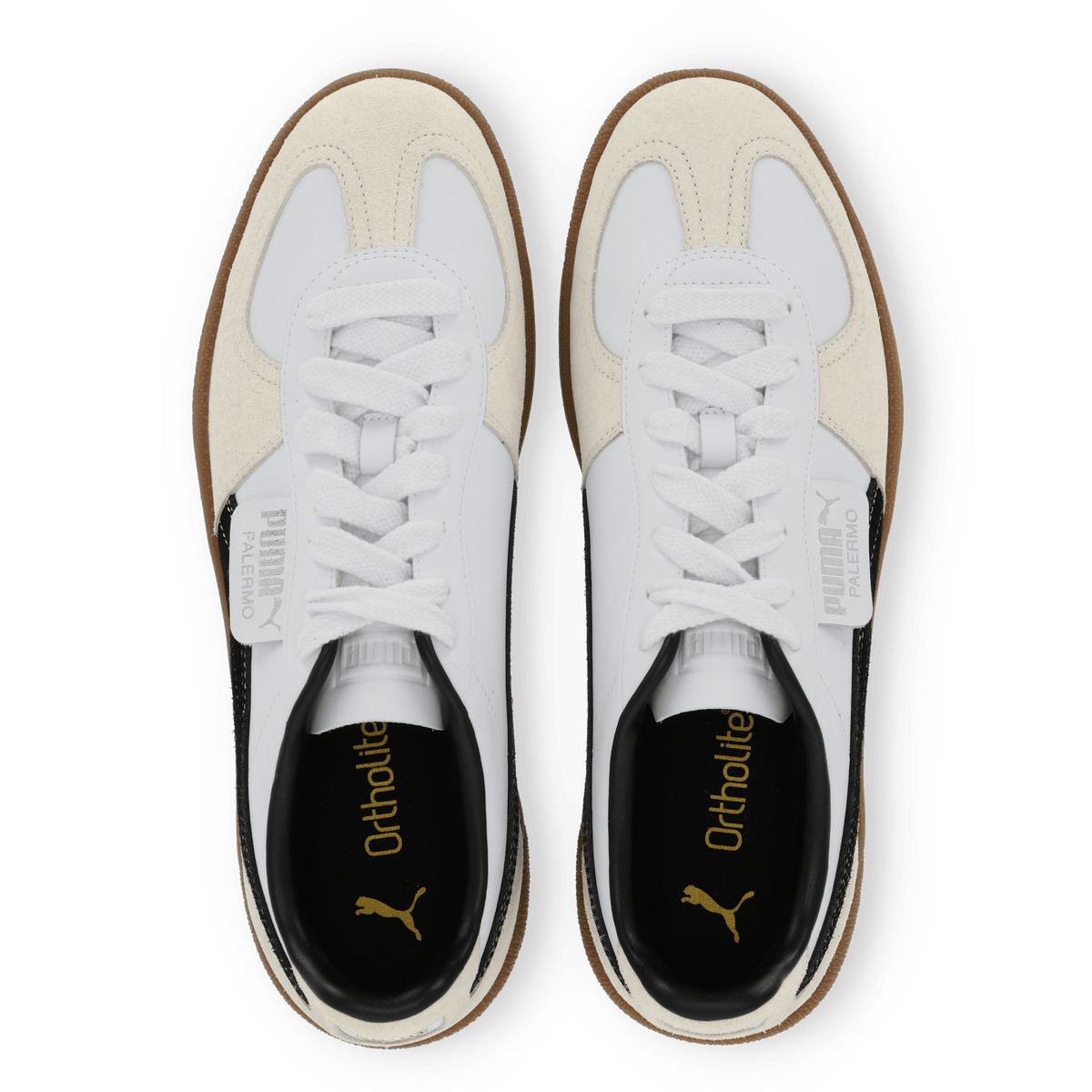 BVB Puma Palermo sneakers in white with black accents, an Ortholite sole, and high-quality craftsmanship—ideal as fan merchandise and casual footwear.