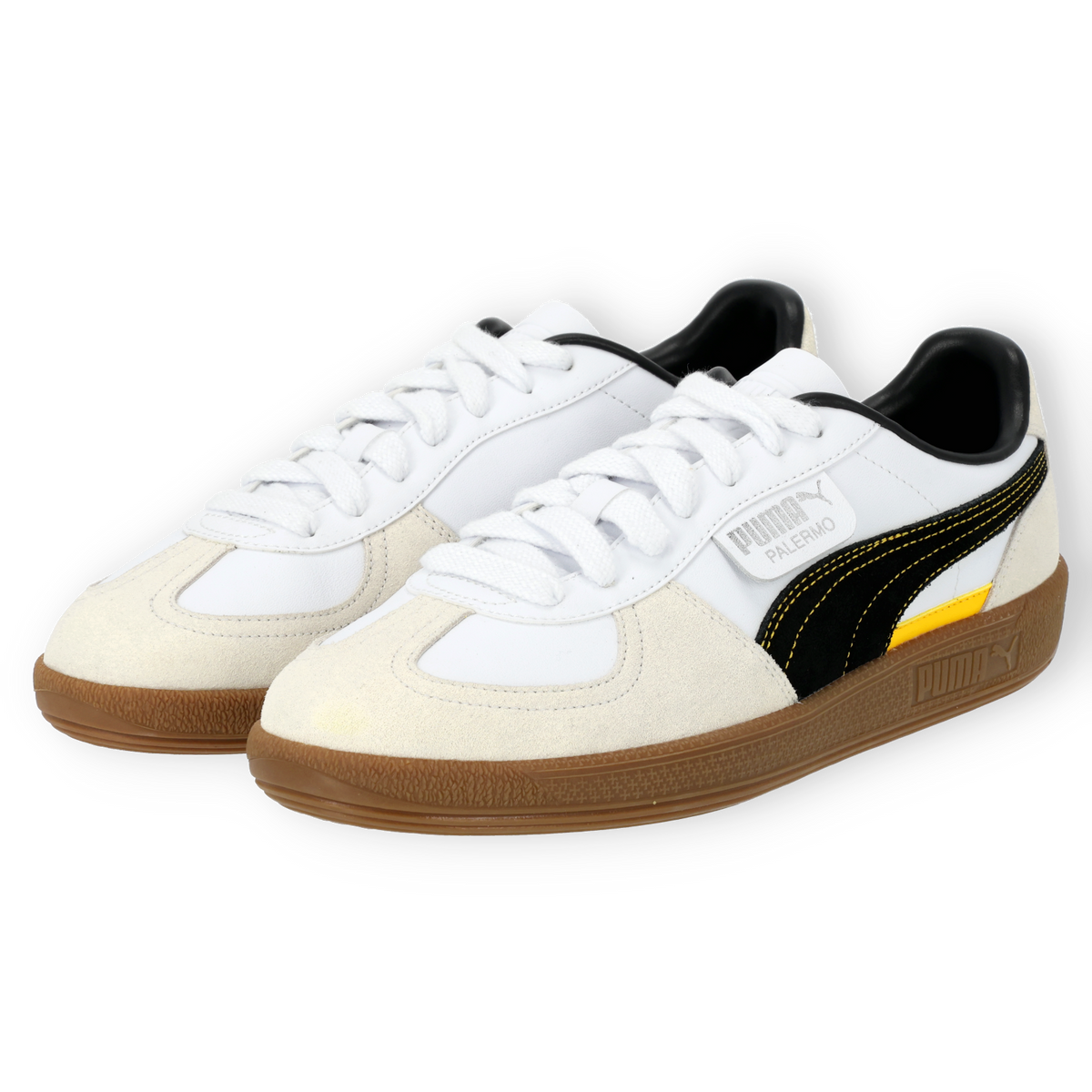 BVB Puma Palermo sneakers in white with a black Puma logo and yellow accents, perfect for soccer fans and athletic activities.