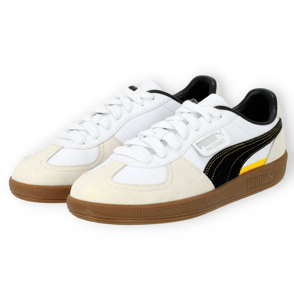 BVB Puma Palermo sneakers in white with a black Puma logo and yellow accents, perfect for soccer fans and athletic activities.