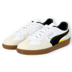 BVB Puma Palermo sneakers in white with a black Puma logo and yellow accents, perfect for soccer fans and athletic activities.