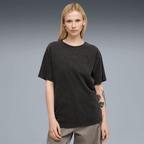 Black BVB PUMA Ess Elevated T-shirt for women, relaxed fit, ideal for fan outfits and casual wear, featuring subtle BVB and PUMA logos.
