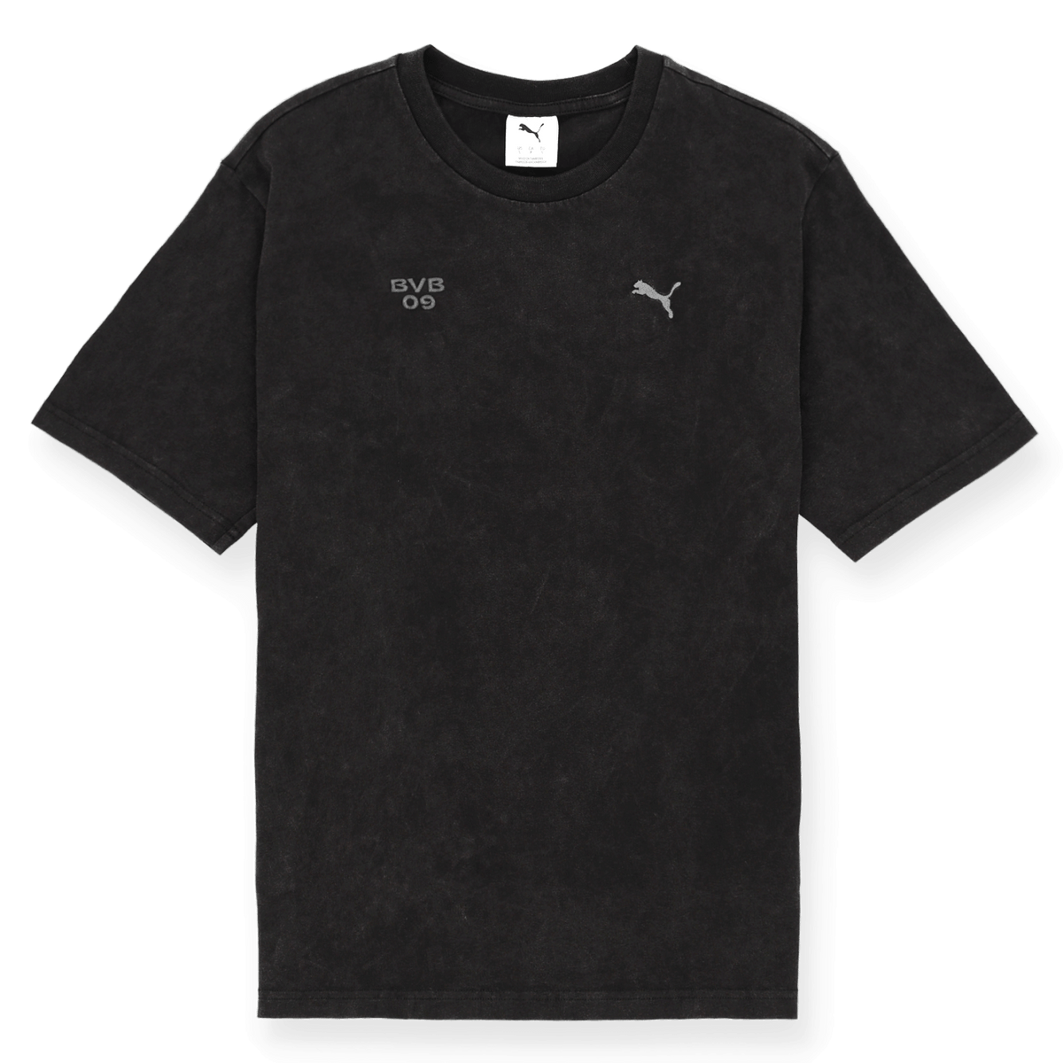 Schwarzes BVB Puma Ess Elevated T-Shirt für Damen mit kurzen Ärmeln, BVB 09-Logo und Puma-Logo auf der Vorderseite, ideal für Fans und Freizeit.
