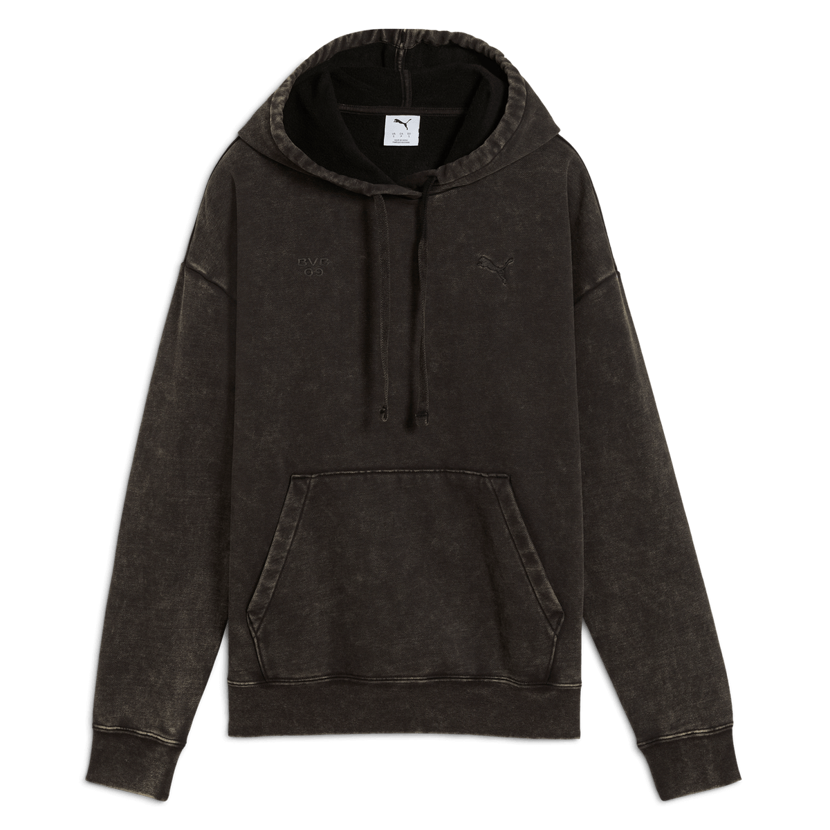 Schwarzer BVB PUMA Damen Hoodie mit stilvollem BVB 09 Logo, Kapuze und bequemer Kängurutasche, perfekt für Fans und Freizeit.