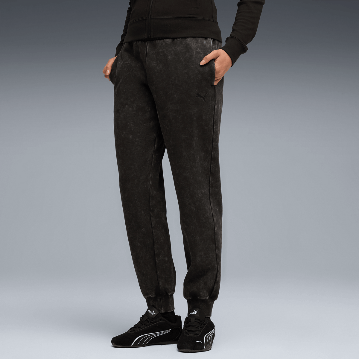 Casual black BVB PUMA Essentials Elevated sweatpants for women, made from soft fabric—perfect for leisure and sports activities.