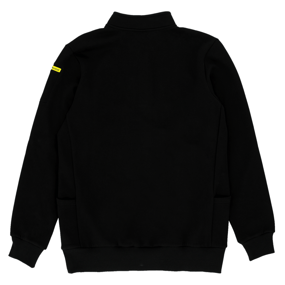 Rückansicht eines schwarzen BVB-Arbeitssweatshirts mit gelbem BVB-Logo auf dem Ärmel und schlichtem Design.
