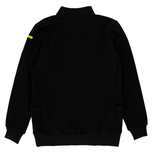 Rückansicht eines schwarzen BVB-Arbeitssweatshirts mit gelbem BVB-Logo auf dem Ärmel und schlichtem Design.