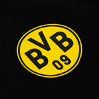 Gros plan sur un sweat-shirt de travail du BVB, de couleur noire, arborant un logo BVB jaune bien visible sur le devant.