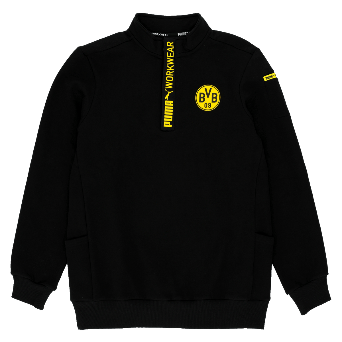 Sudadera de trabajo negra del BVB con el escudo amarillo del BVB, el logotipo de Puma y la inscripción «Workwear», ideal tanto para aficionados como para ropa de trabajo.