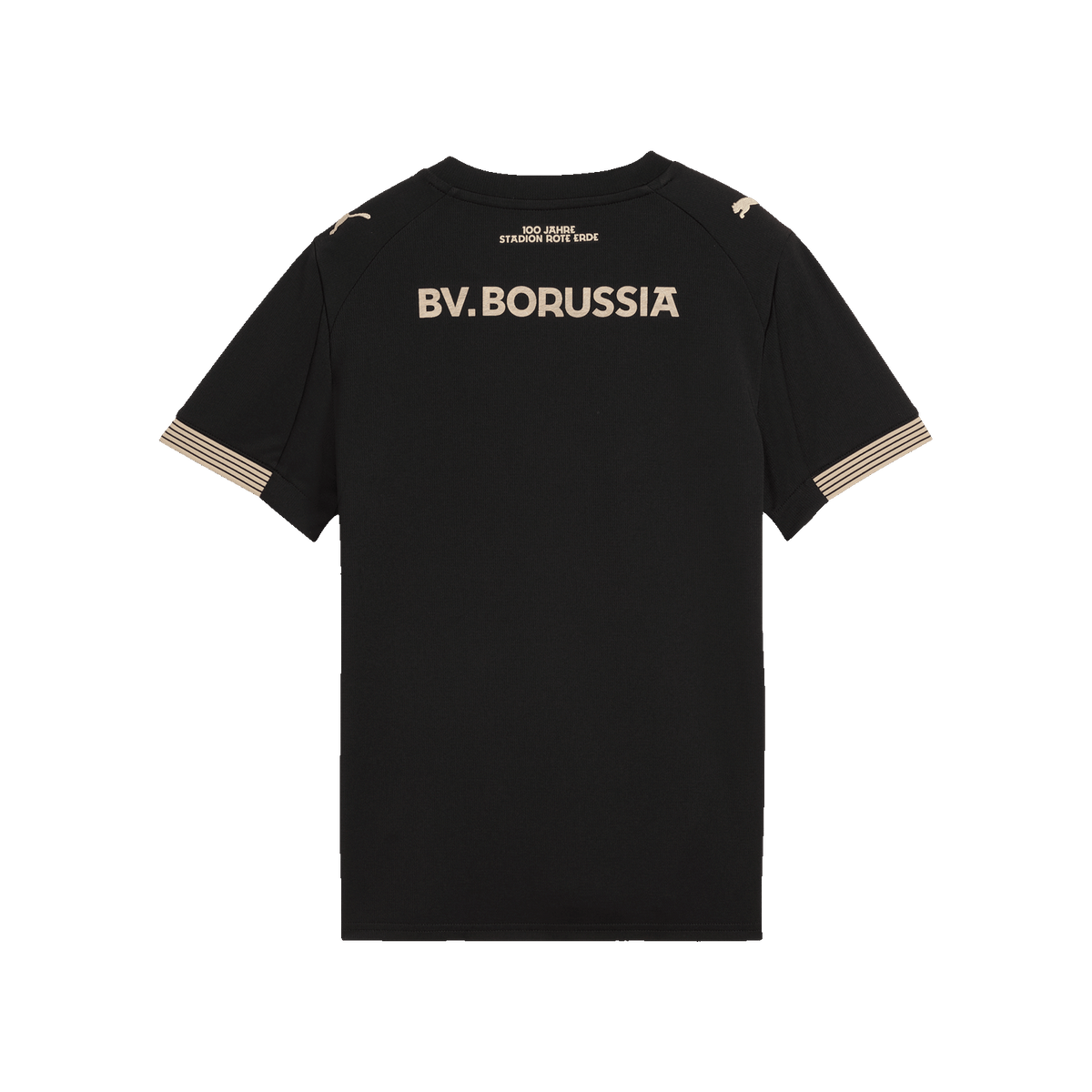 Black short-sleeved T-shirt with gold stripes at the cuffs, "BV.BORUSSIA" lettering in gold on the back, a reference to the 100th anniversary of the Rote Erde Stadium, and the Puma logo on the shoulders.