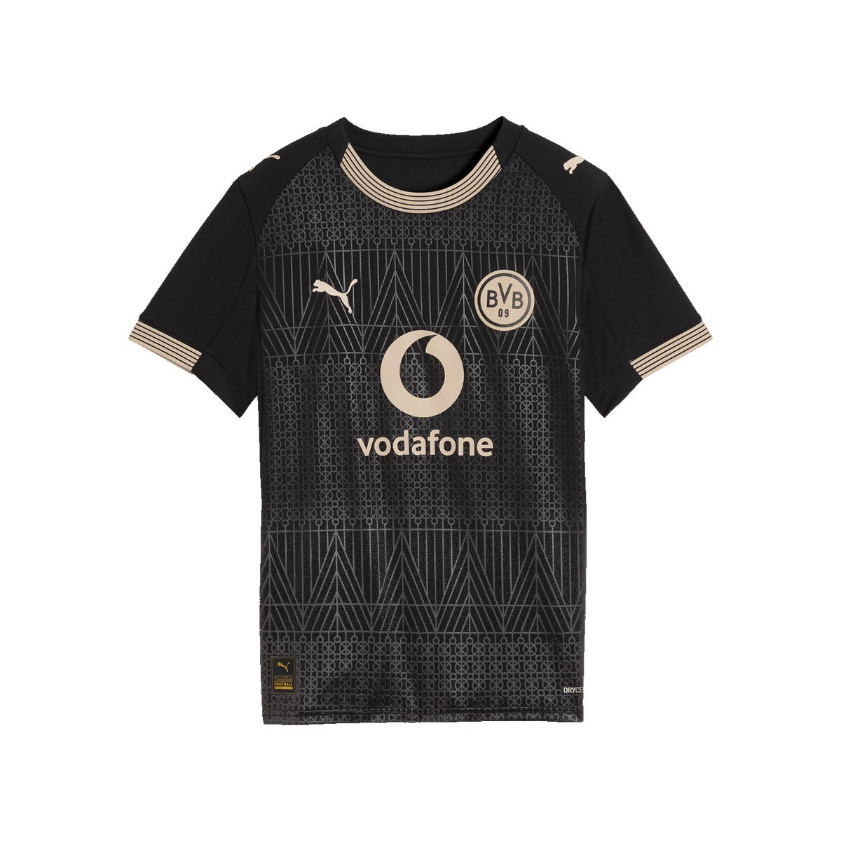 Stylish black BVB soccer jersey with gold accents, the BVB logo, the PUMA logo, and Vodafone lettering.
