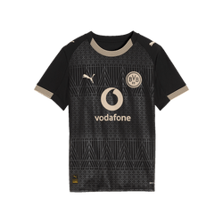 Maillot de football noir élégant du BVB, avec des détails dorés, le logo du BVB, le logo PUMA et l'inscription « Vodafone ».