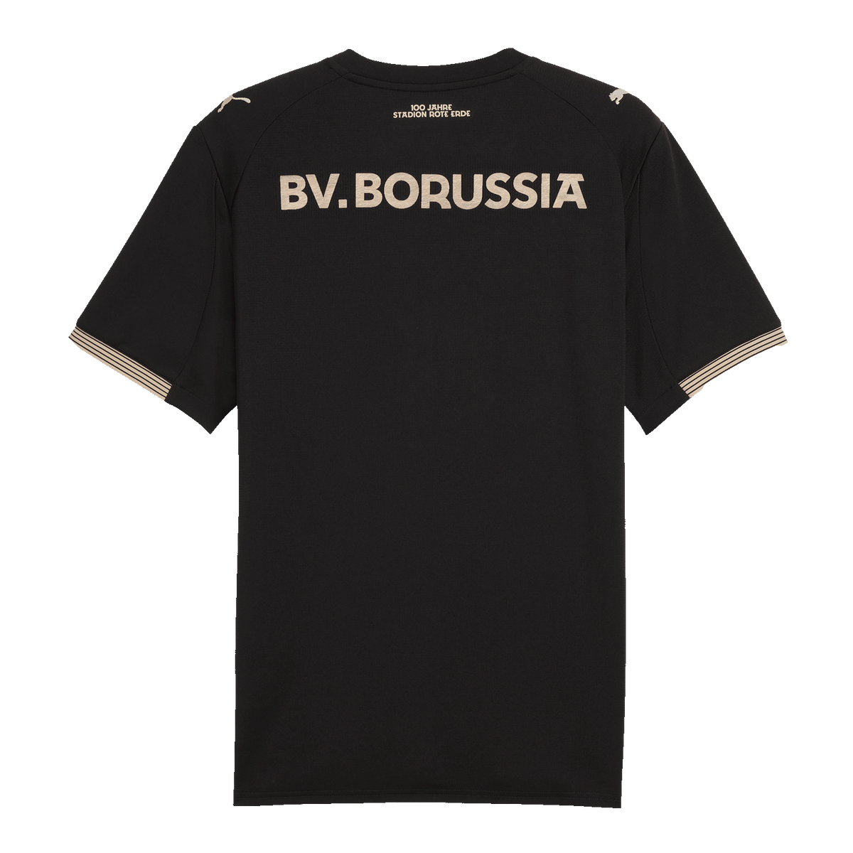 Schwarzes BVB-Sondertrikot '100 Jahre Rote Erde' in Rückansicht mit goldenen Schriftzügen und dezenten goldenen Akzenten an den Ärmeln.