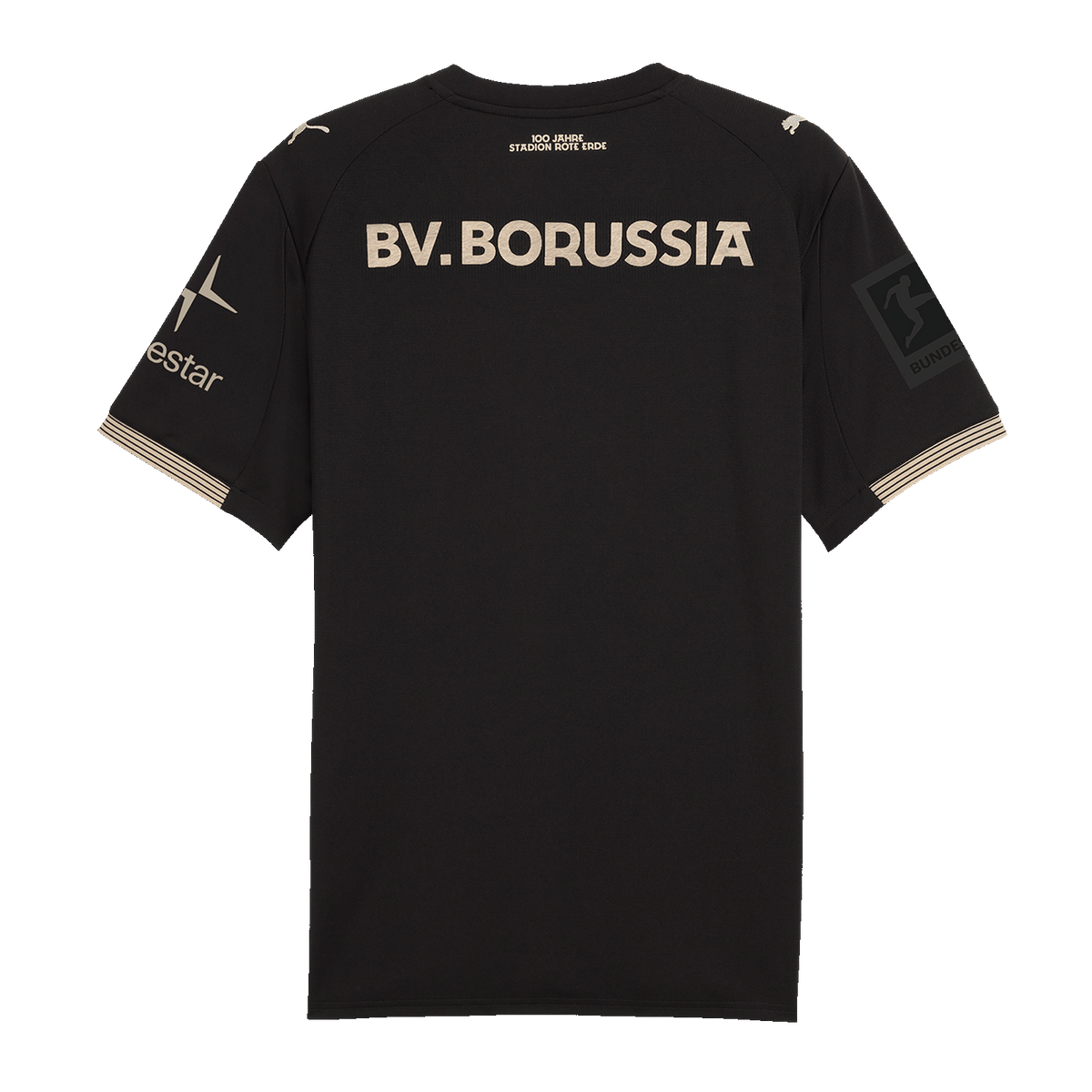 Vue arrière du maillot spécial noir du BVB créé à l'occasion du « 100e anniversaire de la Rote Erde », avec des détails dorés, le logo Polestar, l'inscription « BVB » et le logo de la Bundesliga sur la manche.
