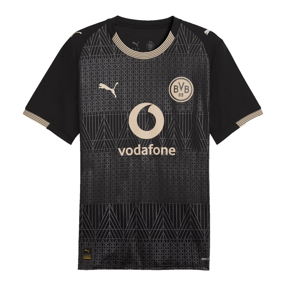 BVB Sondertrikot '100 Jahre Rote Erde' in schwarz mit goldenen Akzenten, verziert mit geometrischem Muster, PUMA-Logo, BVB-Emblem und Vodafone-Logo auf der Brust.