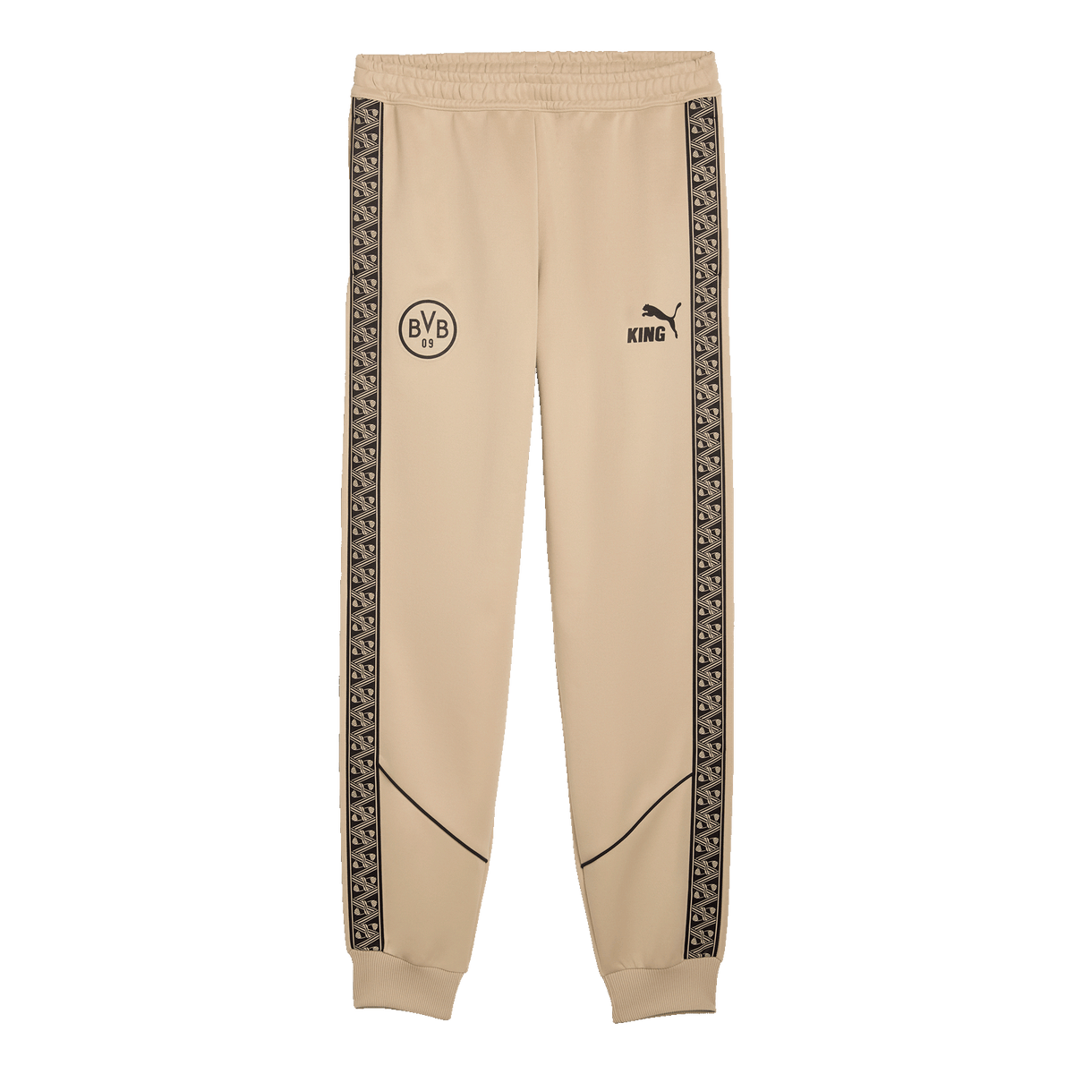Pantalon de loisirs BVB beige avec des détails noirs, le logo BVB, l'inscription « KING » et des bandes latérales à motifs, idéal pour les supporters du Borussia Dortmund et les activités sportives de loisirs.