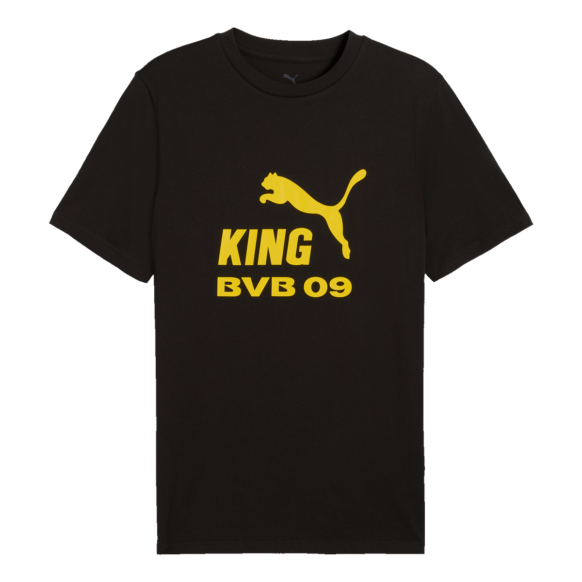 ボルシア・ドルトムントの黒のTシャツ。黄色の「King」ロゴと「BVB 09」の文字が入っており、ファンに最適です。