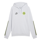 Silberfarbener BVB King Hoodie mit gelbem BVB 09-Logo auf der Brust, PUMA-Logo und Kapuze, ideal für Fans von Borussia Dortmund.