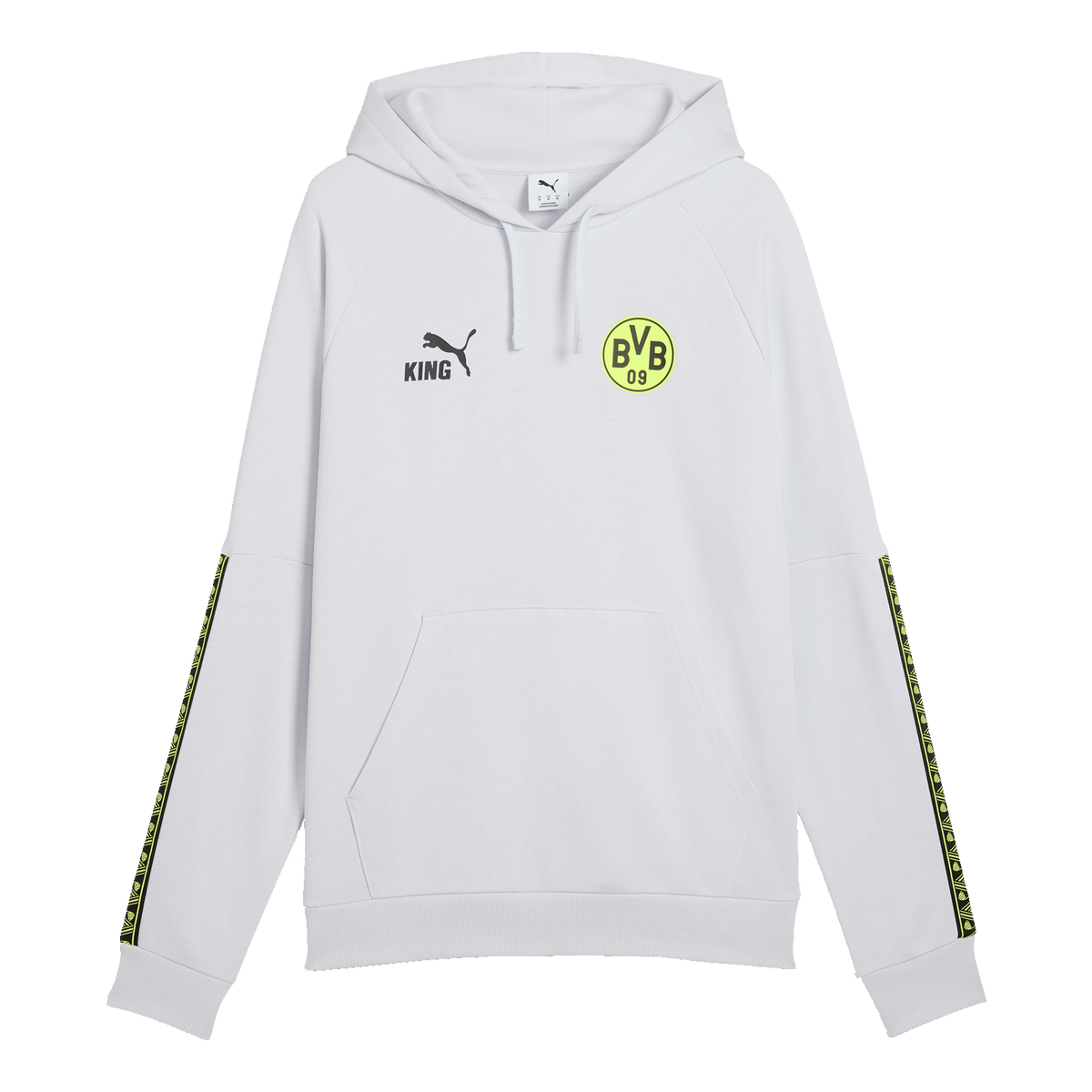 Silberfarbener BVB King Hoodie mit gelbem BVB 09-Logo auf der Brust, PUMA-Logo und Kapuze, ideal für Fans von Borussia Dortmund.