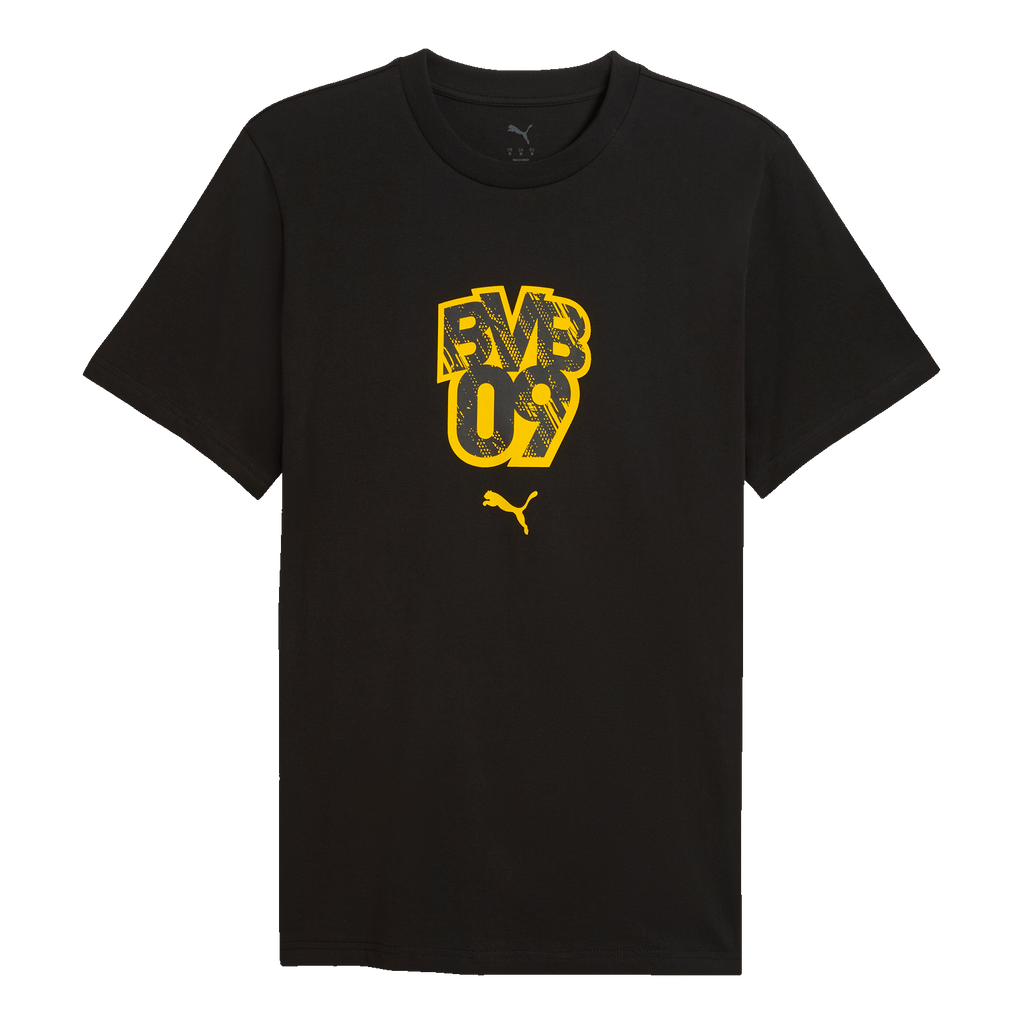 Camiseta del BVB en negro y amarillo con un gran logotipo del BVB 09 y el logotipo de PUMA en la parte delantera, ideal para los aficionados del Borussia Dortmund.