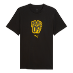 Camiseta del BVB en negro y amarillo con un gran logotipo del BVB 09 y el logotipo de PUMA en la parte delantera, ideal para los aficionados del Borussia Dortmund.