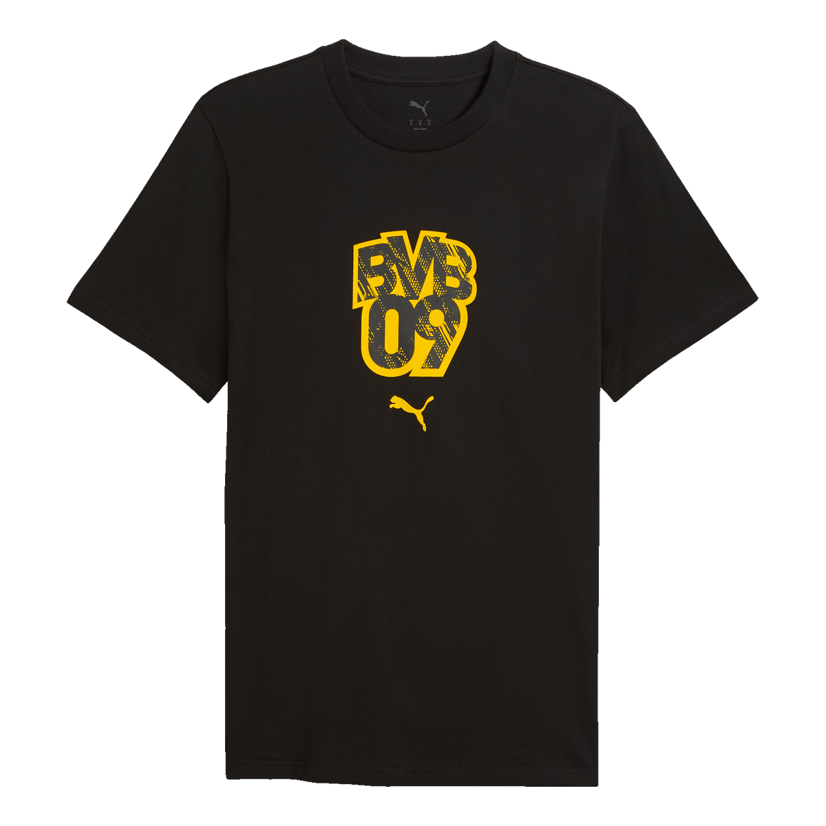 Schwarzgelbes BVB T-Shirt mit großem BVB 09 Logo und PUMA-Logo auf der Vorderseite, ideal für Fans von Borussia Dortmund.