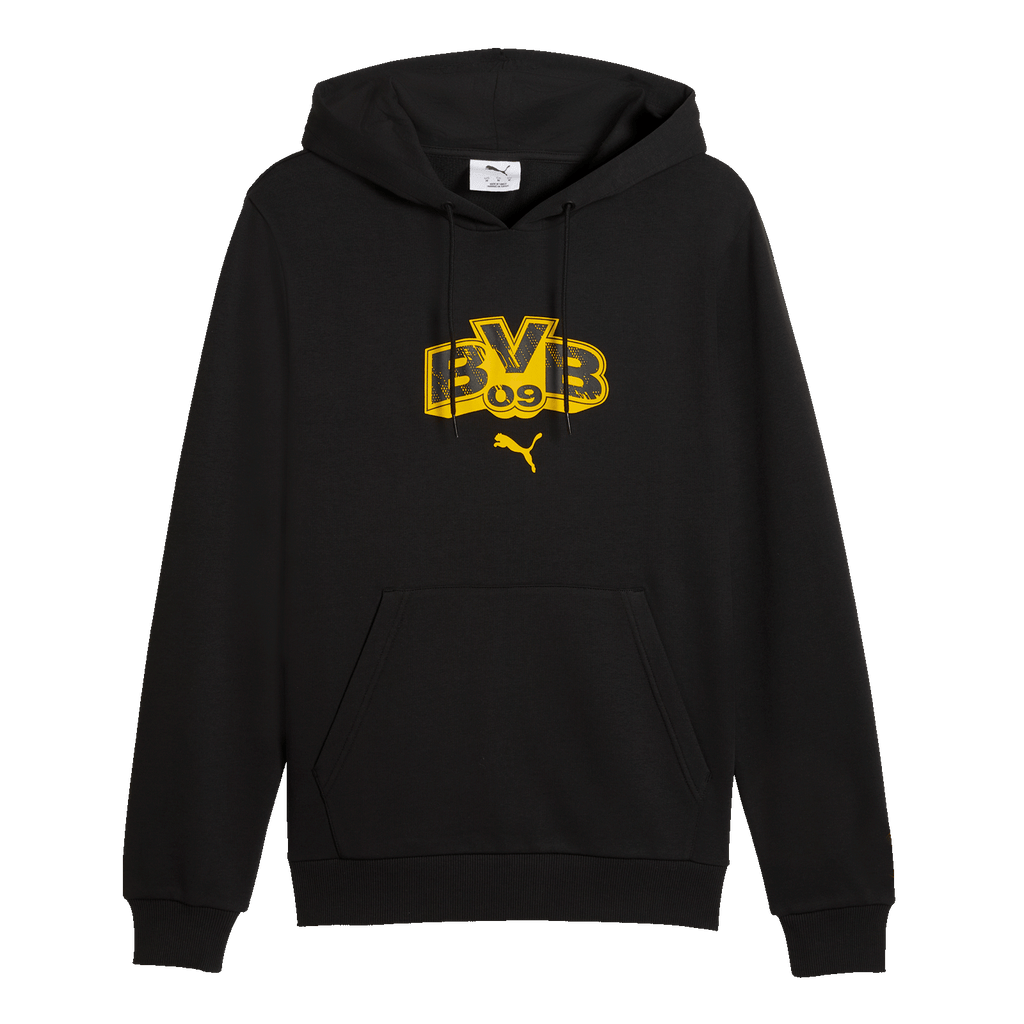 Sweat à capuche noir orné du logo jaune « BVB 09 » et du logo PUMA sur la poitrine. Idéal pour les supporters du Borussia Dortmund.
