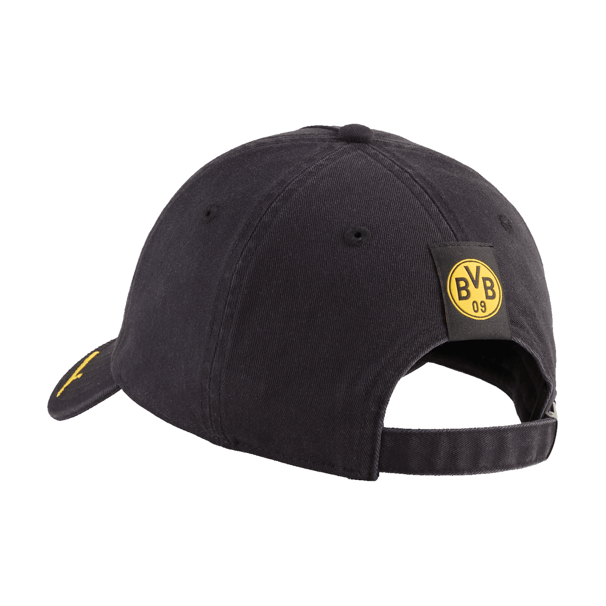 Schwarze BVB-PUMA-Cap in schwarzgelb mit gelbem BVB-Logo auf der Rückseite und verstellbarem Riemen, sportliches Design für Fans.