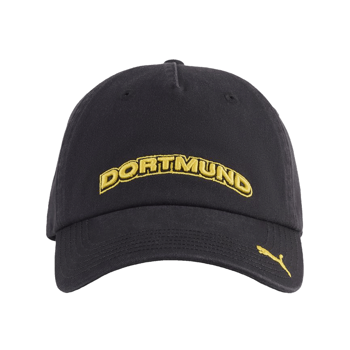 Casquette noire BVB PUMA Culture à visière incurvée, avec l'inscription « Dortmund » en jaune vif sur le devant et le logo PUMA sur le côté.