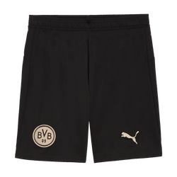 Pantalon de maillot noir du BVB orné de l'écusson doré du BVB et du logo PUMA, conçu pour la collection « 100 ans de Rote Erde ».
