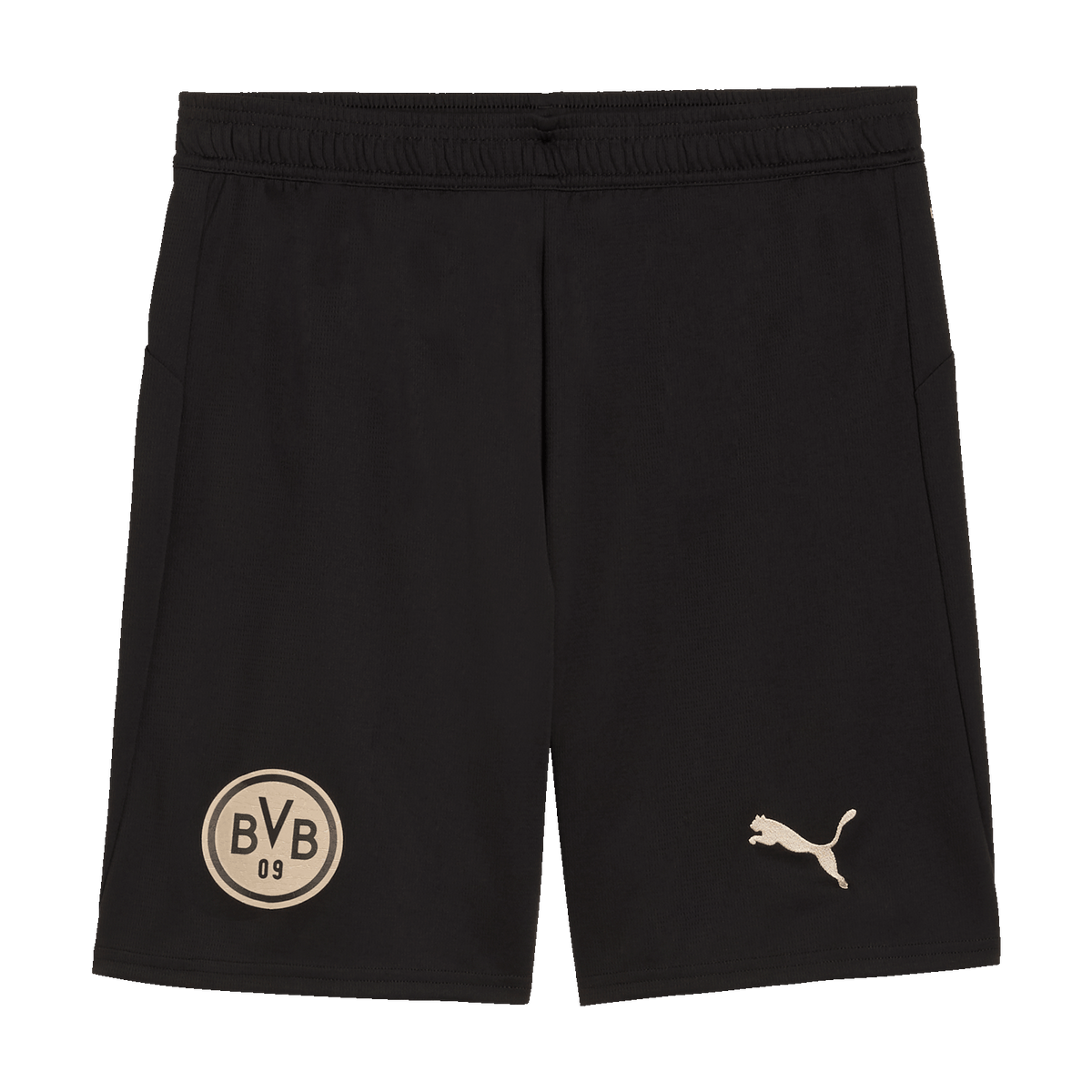 Schwarze BVB-Trikothose mit goldenem BVB-Emblem und PUMA-Logo, entworfen für die Kollektion 100 Jahre Rote Erde.