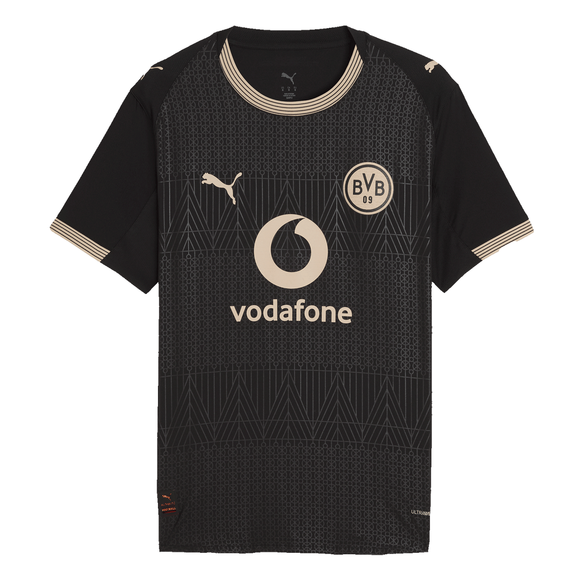 Schwarzfarbenes BVB Sondertrikot 100 Jahre Rote Erde Authentic mit dezentem Muster, BVB-Emblem, Vodafone- und PUMA-Logo auf der Vorderseite.