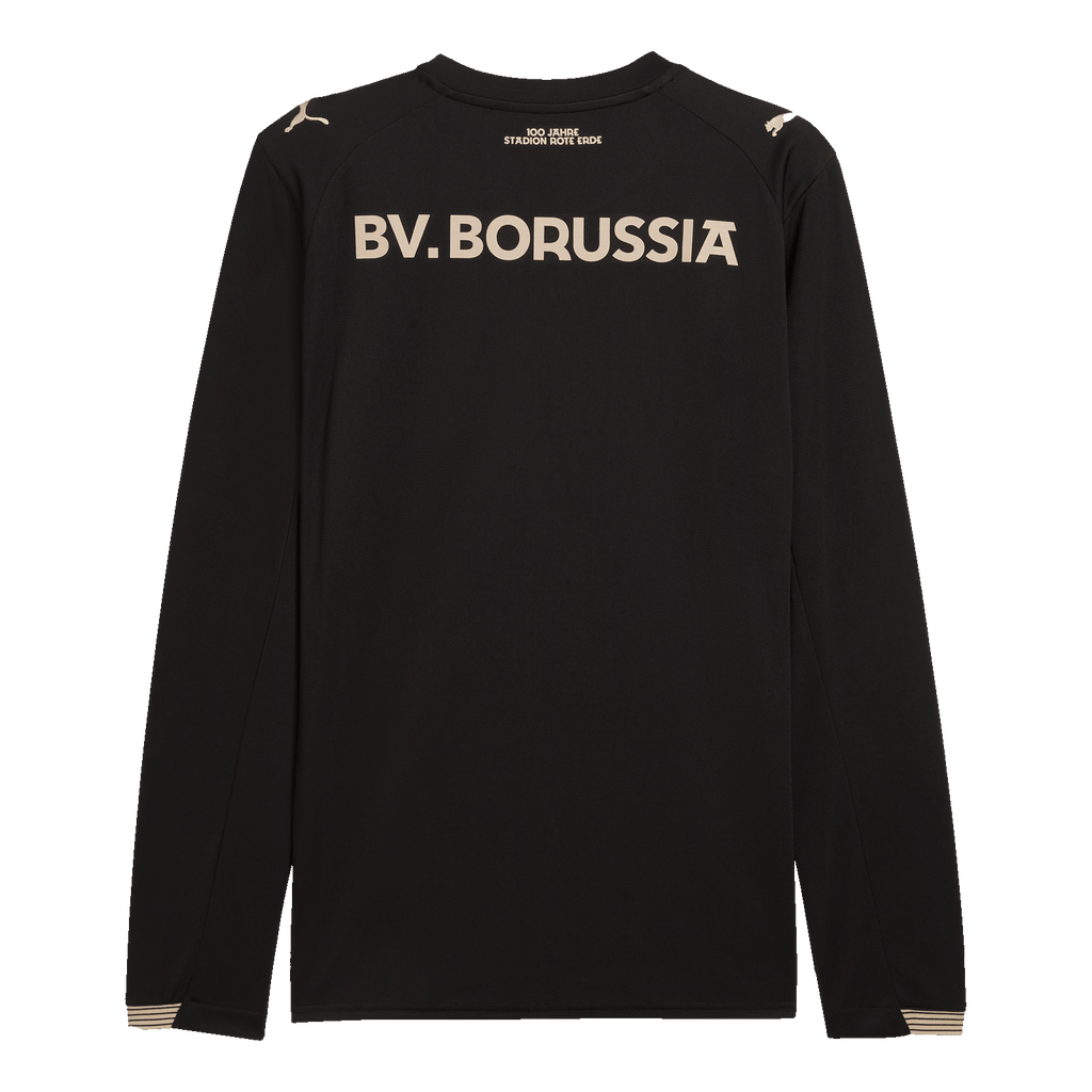 Maillot spécial du BVB à l'occasion du 100e anniversaire du stade Rote Erde, à manches longues, de couleur noire, avec l'inscription « BV. Borussia » dans le dos et le logo PUMA.