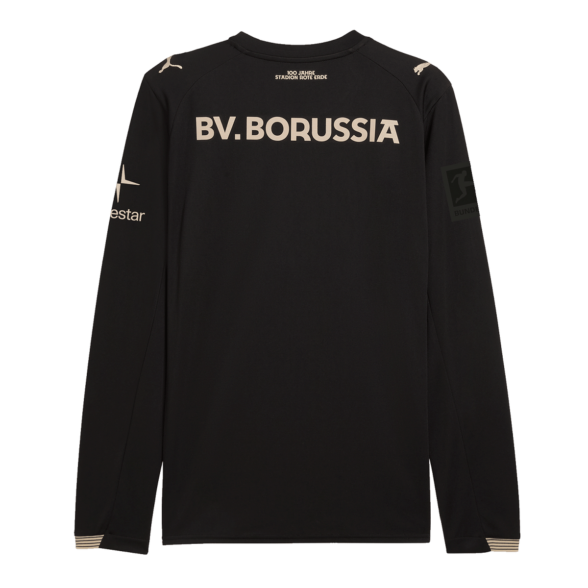Schwarzes langärmliges BVB-Sondertrikot mit goldenem Design und dem Schriftzug 'BV. BORUSSIA' auf der Rückseite, entworfen zum Jubiläum 100 Jahre Rote Erde.