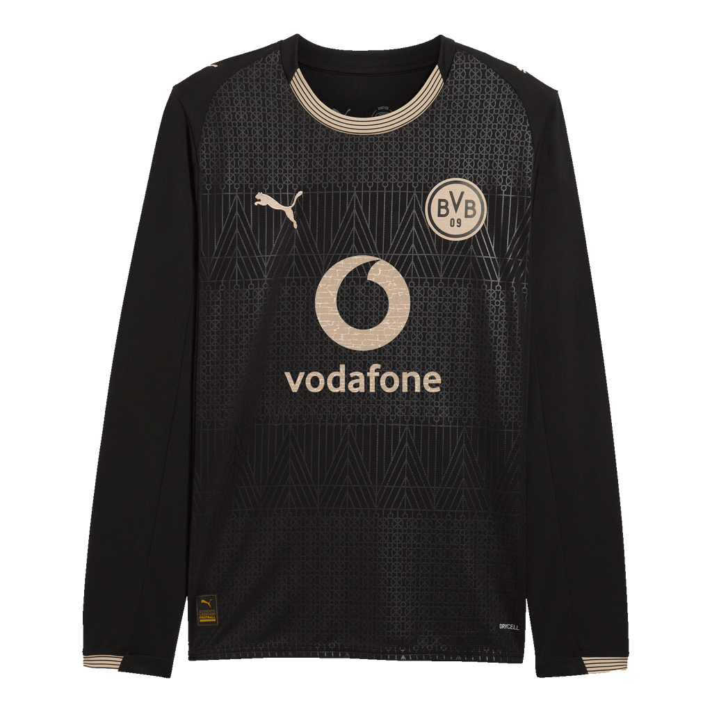 Langärmliges BVB-Sondertrikot in Schwarz mit goldenen Design-Elementen, inklusive BVB-, PUMA- und Vodafone-Logos, zum 100-jährigen Jubiläum des Stadions Rote Erde.