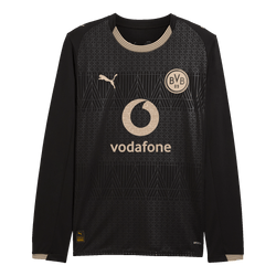 Langärmliges BVB-Sondertrikot in Schwarz mit goldenen Design-Elementen, inklusive BVB-, PUMA- und Vodafone-Logos, zum 100-jährigen Jubiläum des Stadions Rote Erde.