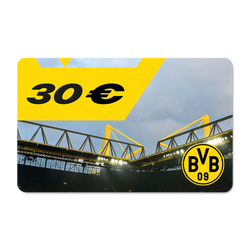 A BVB gift certificate worth 30 euros featuring the SIGNAL IDUNA PARK and BVB logos on a black-and-yellow design.